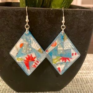Festive Handmade Large Holiday Earrings Blue Diamond